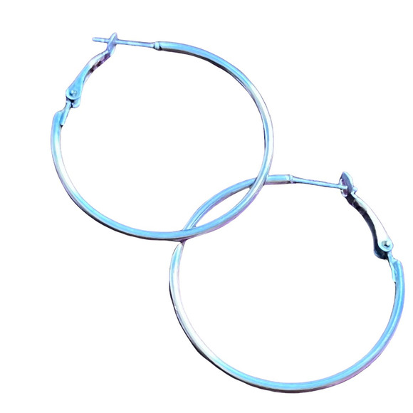 Silver Tone Hoop Earrings with Self Closure Clasp - Picture 2 of 4